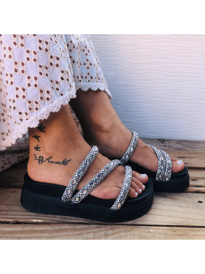 Papete Birken Plataforma Alta Sandália Feminina 3 Tiras Z 15 - Tamanco Anabela Flatform Strass Brilho - Branca Rose Caramelo Preta Pedraira Lançamento