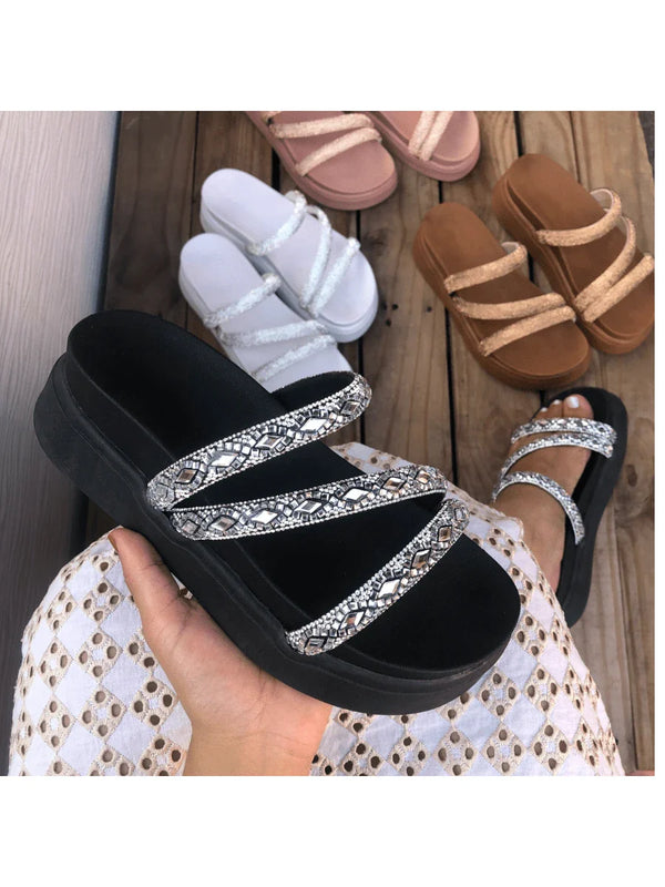 Papete Birken Plataforma Alta Sandália Feminina 3 Tiras Z 15 - Tamanco Anabela Flatform Strass Brilho - Branca Rose Caramelo Preta Pedraira Lançamento