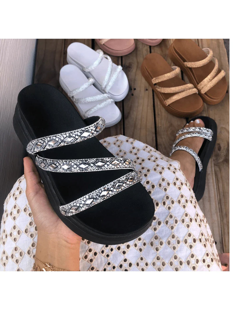 Papete Birken Plataforma Alta Sandália Feminina 3 Tiras Z 15 - Tamanco Anabela Flatform Strass Brilho - Branca Rose Caramelo Preta Pedraira Lançamento