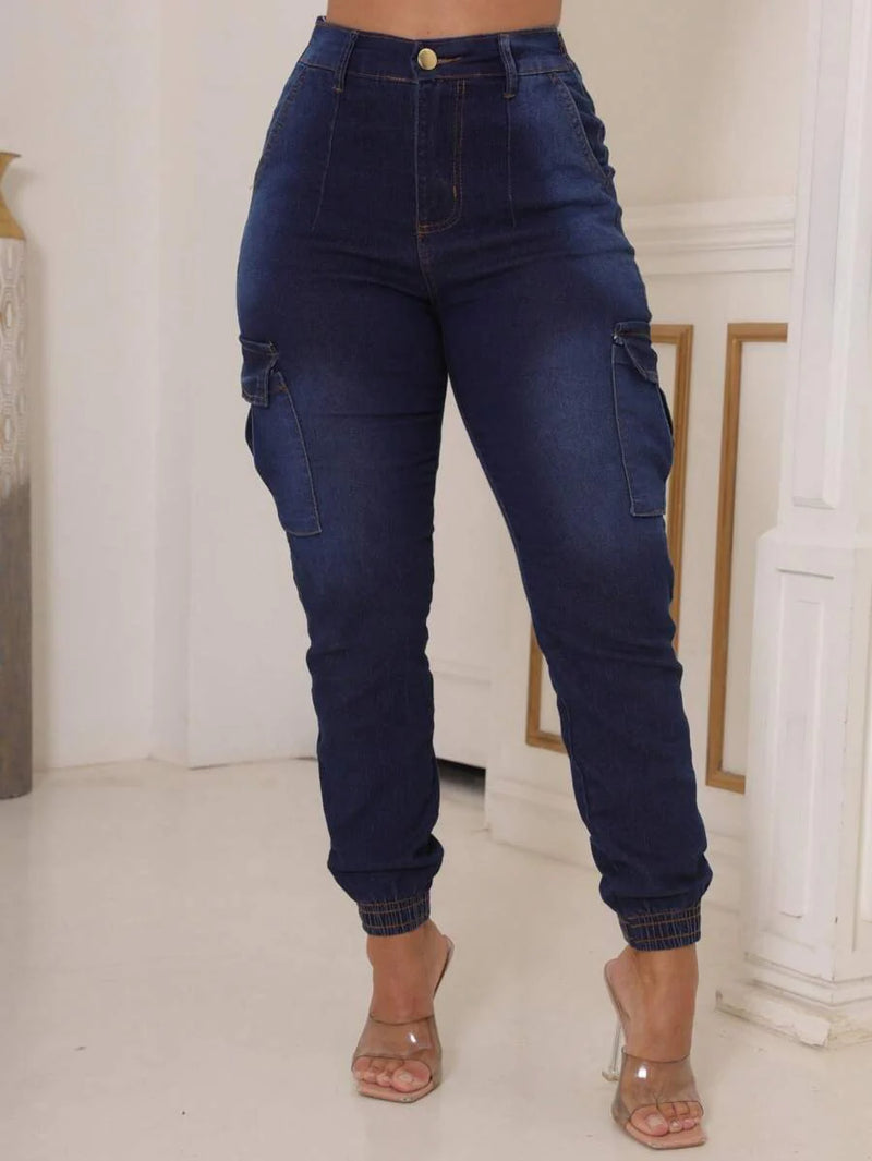 Stillger Moda Jeans Calça Cargo Jeans Feminina Jogger Cintura Alta Com elastano e Bolsos Laterais