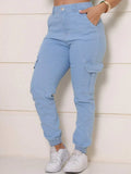 Stillger Moda Jeans Calça Cargo Jeans Feminina Jogger Cintura Alta Com elastano e Bolsos Laterais