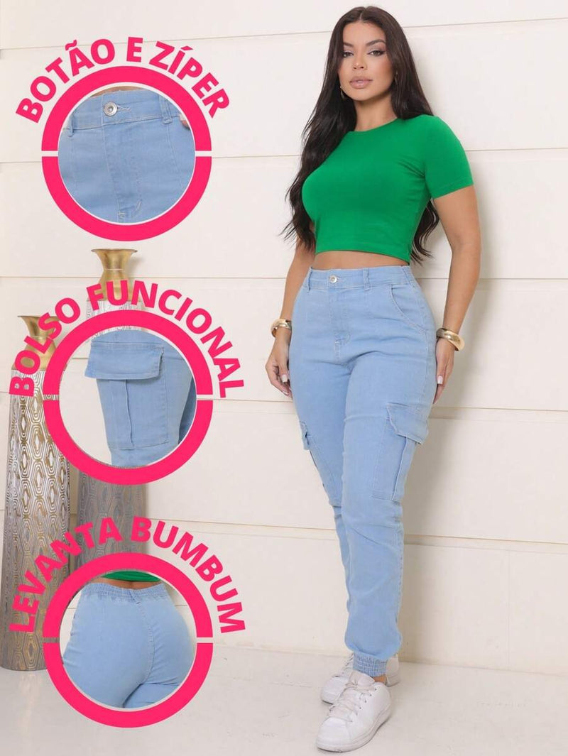 Stillger Moda Jeans Calça Cargo Jeans Feminina Jogger Cintura Alta Com elastano e Bolsos Laterais