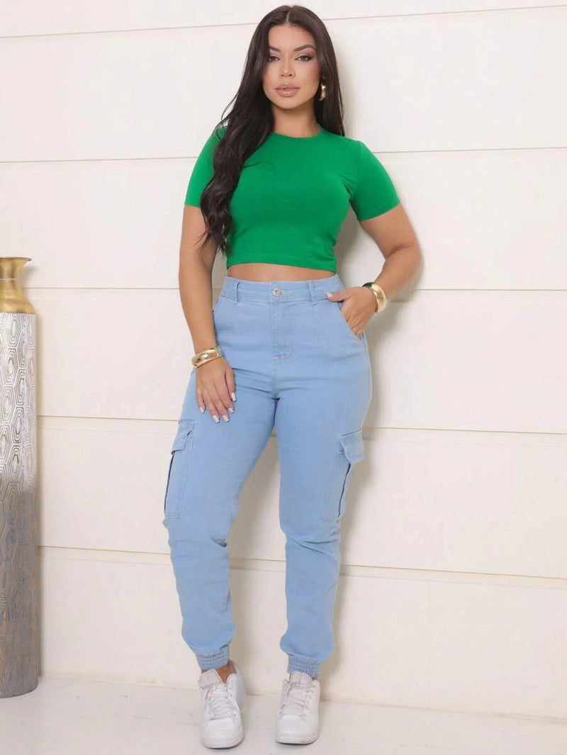 Stillger Moda Jeans Calça Cargo Jeans Feminina Jogger Cintura Alta Com elastano e Bolsos Laterais