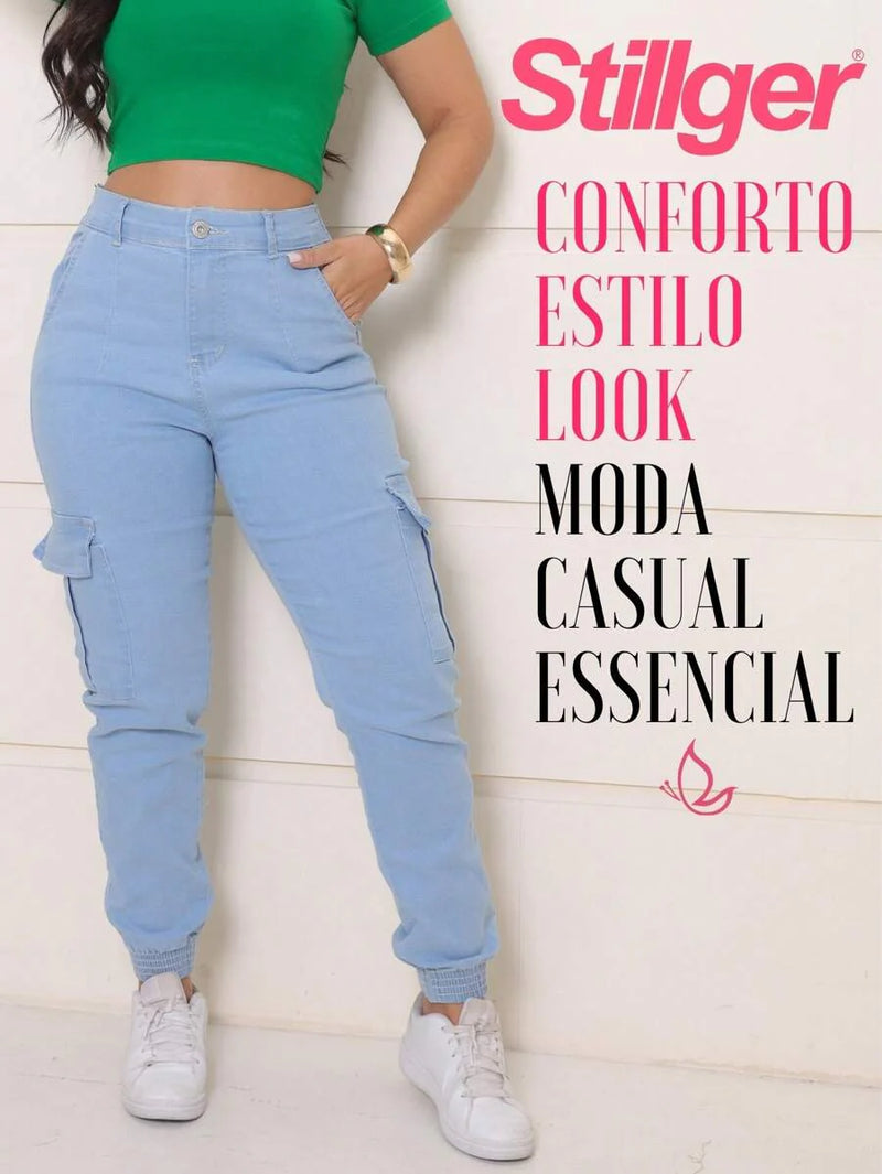 Stillger Moda Jeans Calça Cargo Jeans Feminina Jogger Cintura Alta Com elastano e Bolsos Laterais