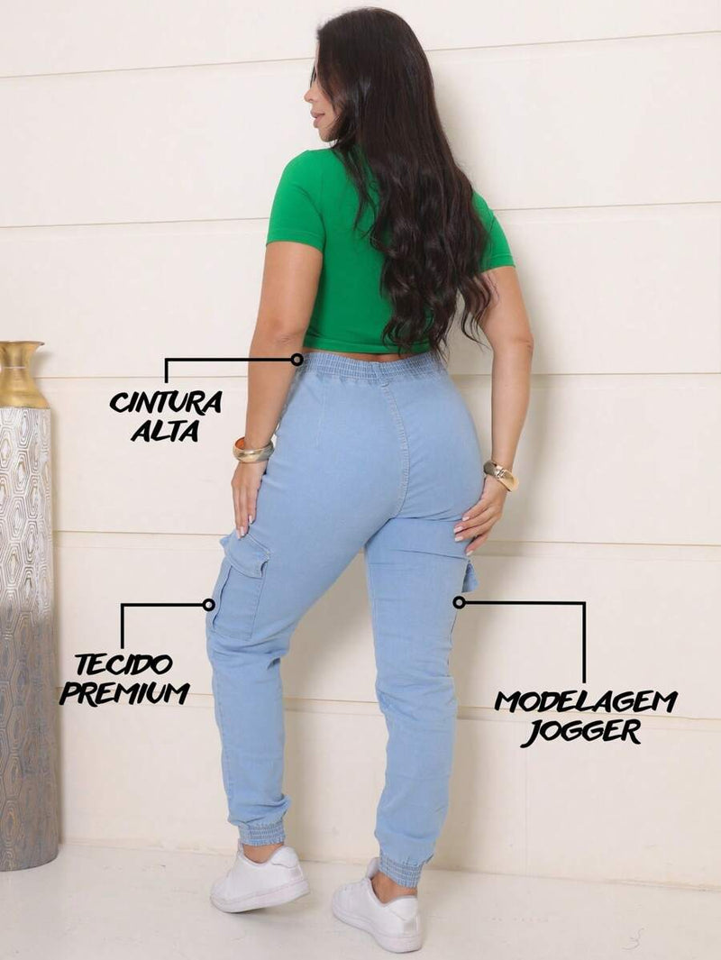 Stillger Moda Jeans Calça Cargo Jeans Feminina Jogger Cintura Alta Com elastano e Bolsos Laterais
