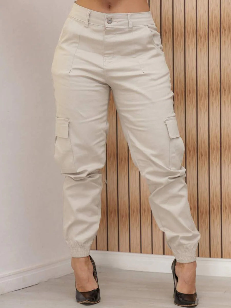 Stillger Moda Jeans Calça Cargo Jeans Feminina Jogger Cintura Alta Com elastano e Bolsos Laterais