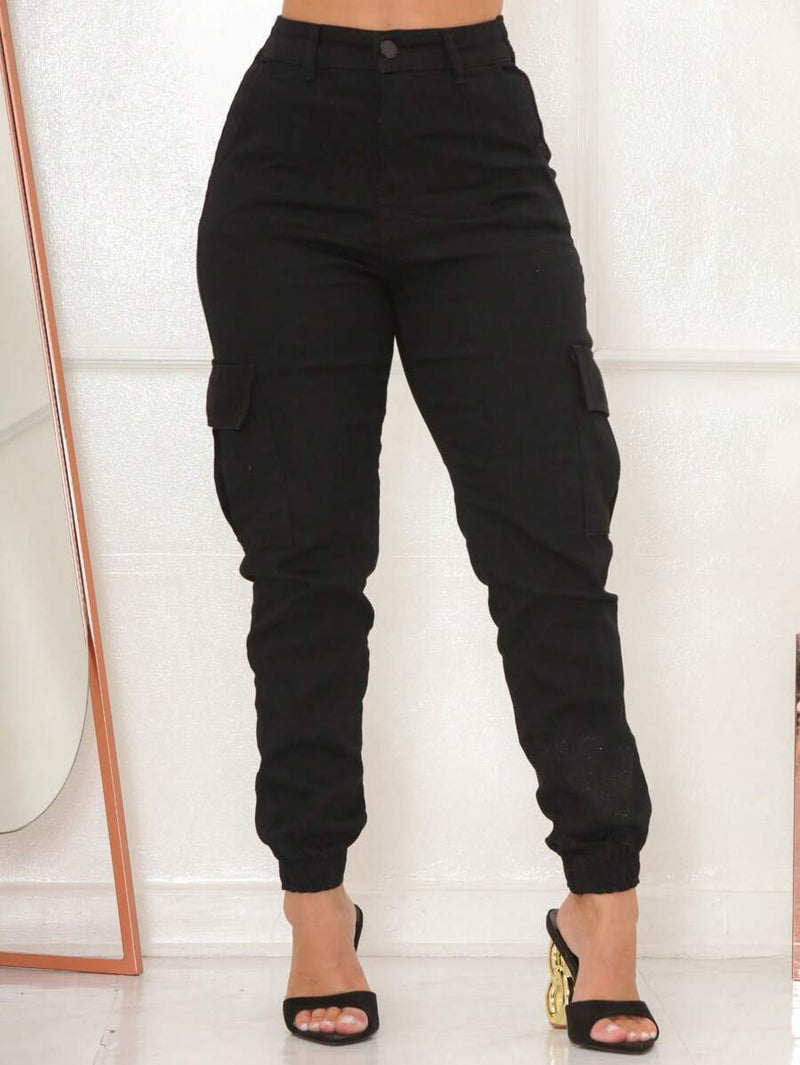 Stillger Moda Jeans Calça Cargo Jeans Feminina Jogger Cintura Alta Com elastano e Bolsos Laterais