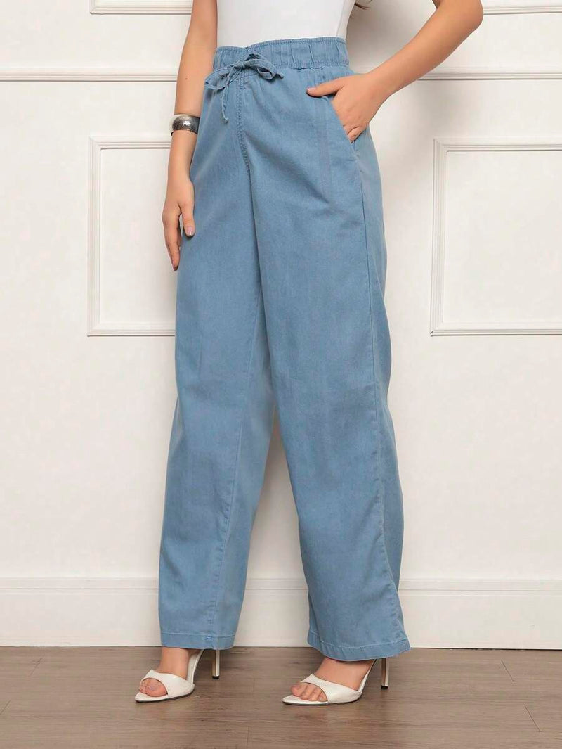 Calça Jeans Pantalona Feminina Elástico na cintura Tecido Leve Cintura alta Cordão