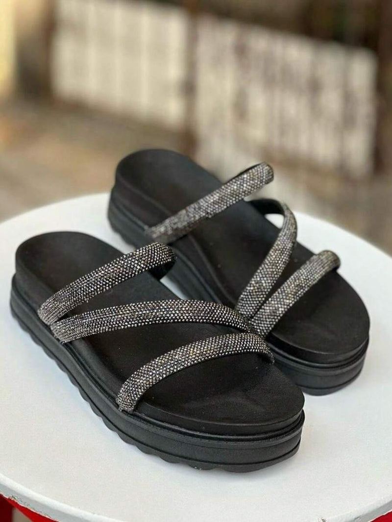 Papete Birken Sandalia Feminina De Brilho Rasteirinha de Strass Chinelo Delicada Confortavel Macia