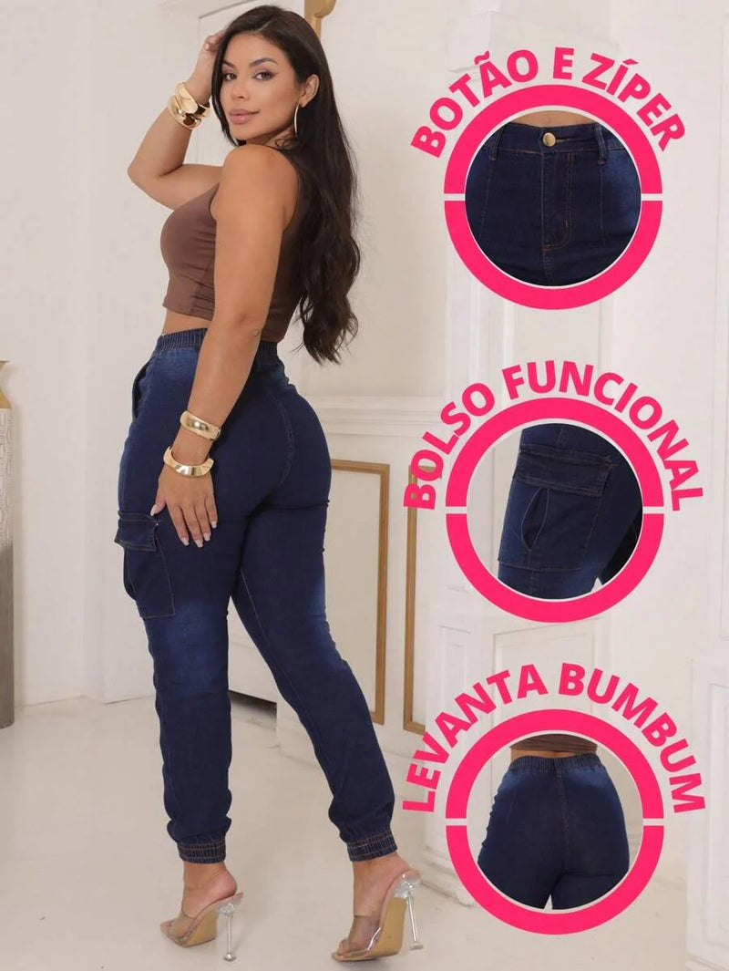 Stillger Moda Jeans Calça Cargo Jeans Feminina Jogger Cintura Alta Com elastano e Bolsos Laterais