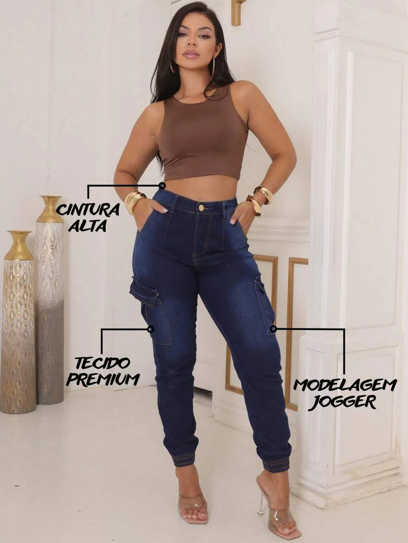 Stillger Moda Jeans Calça Cargo Jeans Feminina Jogger Cintura Alta Com elastano e Bolsos Laterais