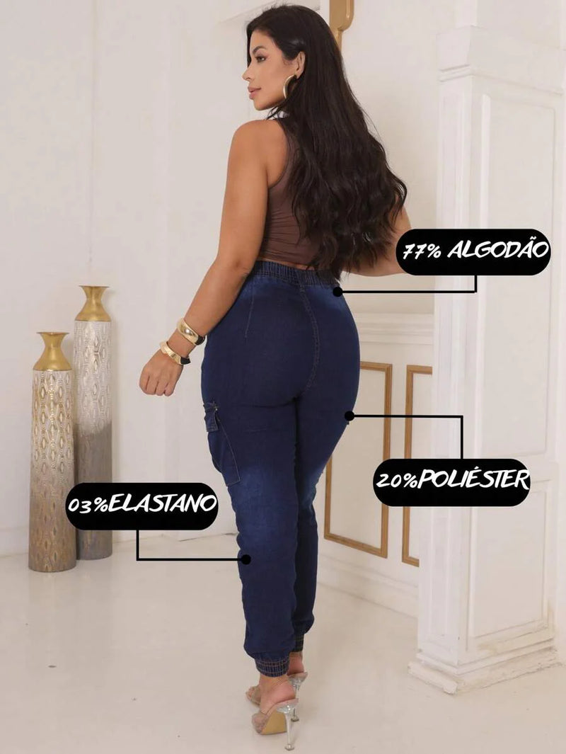 Stillger Moda Jeans Calça Cargo Jeans Feminina Jogger Cintura Alta Com elastano e Bolsos Laterais