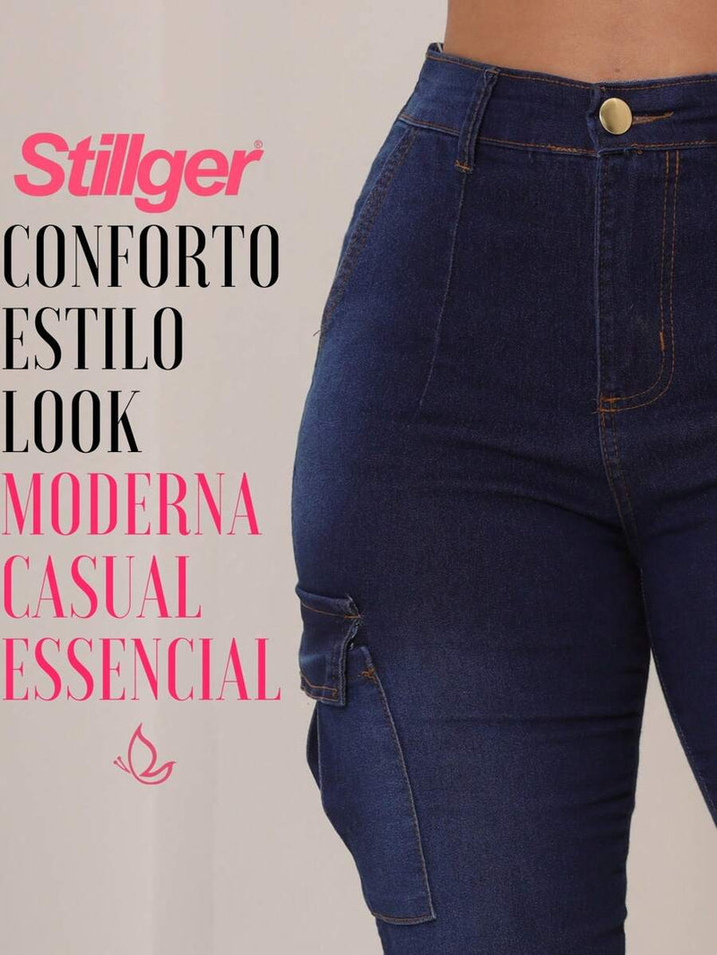 Stillger Moda Jeans Calça Cargo Jeans Feminina Jogger Cintura Alta Com elastano e Bolsos Laterais