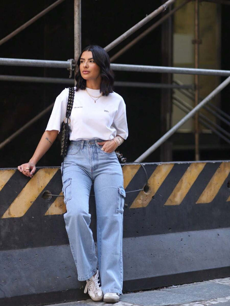 Calça Feminina Cargo Wide leg Jeans Elegante premium Excelente qualidade