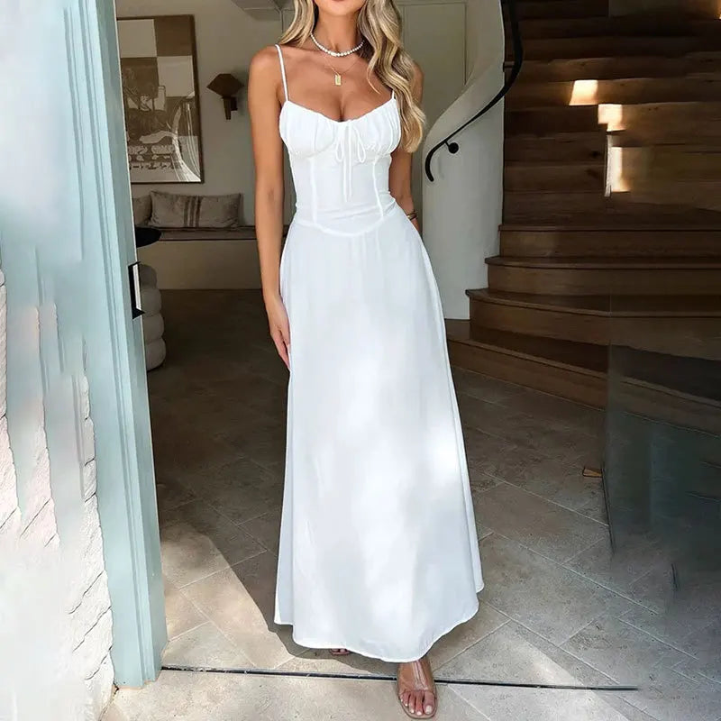 Vestido Longo de Alças Finas e Decote Ajustável – Pura Elegância