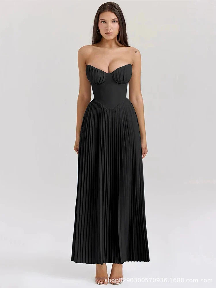 Vestido Longo Sem Alças com Saia Plissada - Aurora