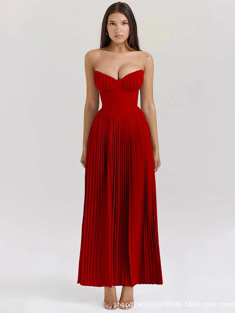 Vestido Longo Sem Alças com Saia Plissada - Aurora