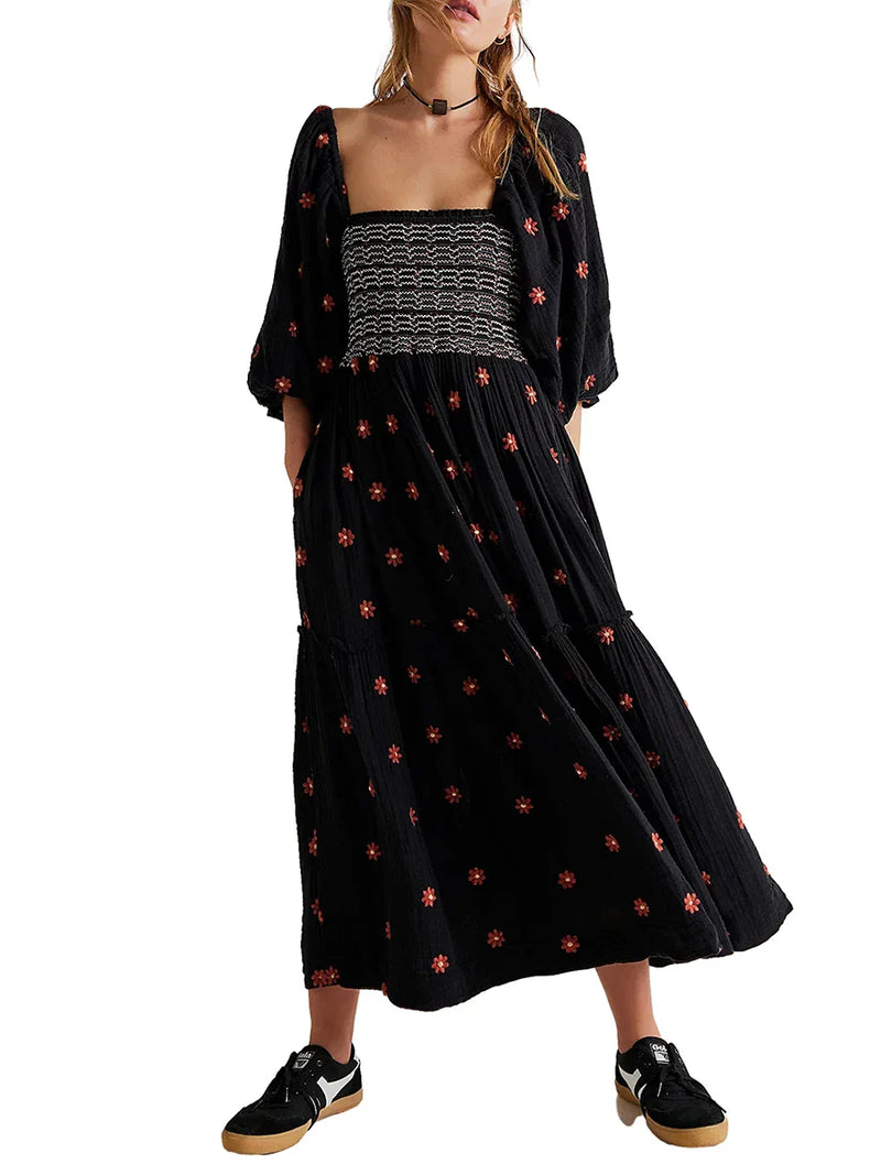 Vestido Longo Boho Bordado com Mangas Bufantes – Elegância e Conforto para Todas as Ocasiões