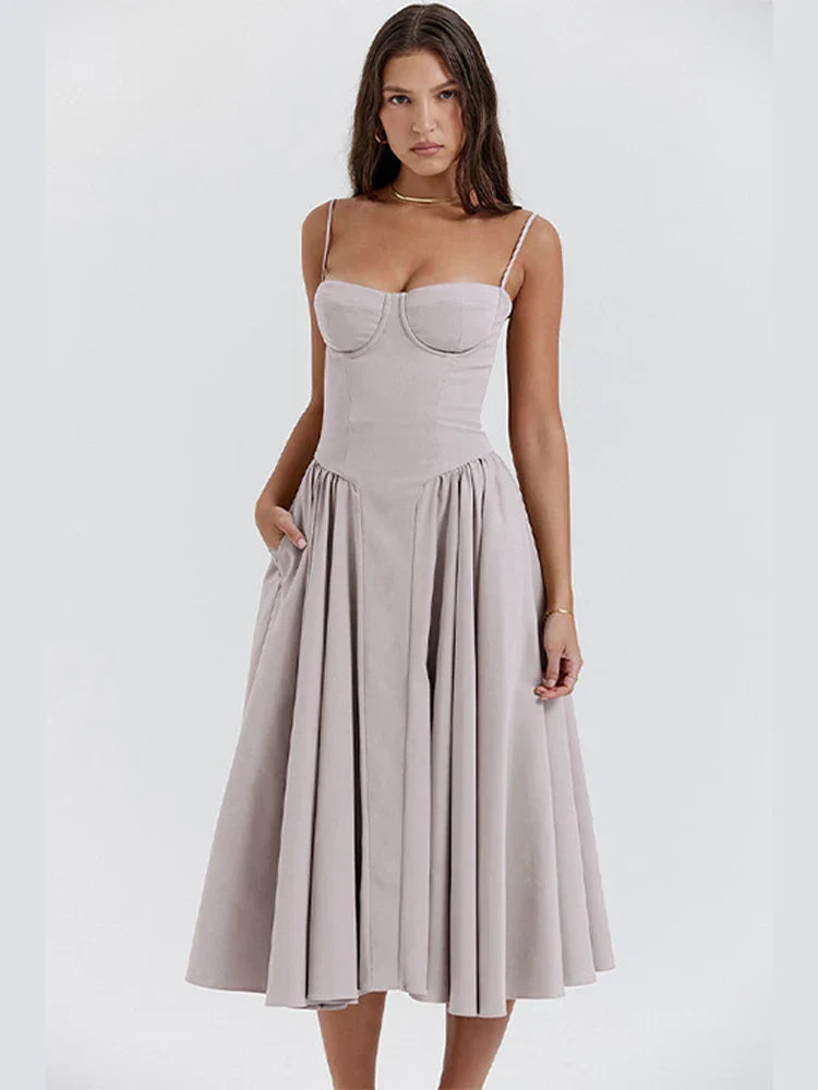 Vestido Midi Evasê com Alças Finas Feminino