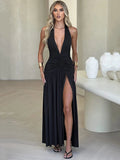 Vestido Maxi com Fenda Lateral e Decote Profundo Elegancy