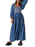 Vestido Longo Boho Bordado com Mangas Bufantes – Elegância e Conforto para Todas as Ocasiões