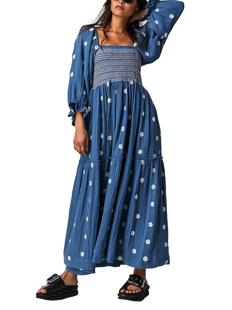 Vestido Longo Boho Bordado com Mangas Bufantes – Elegância e Conforto para Todas as Ocasiões