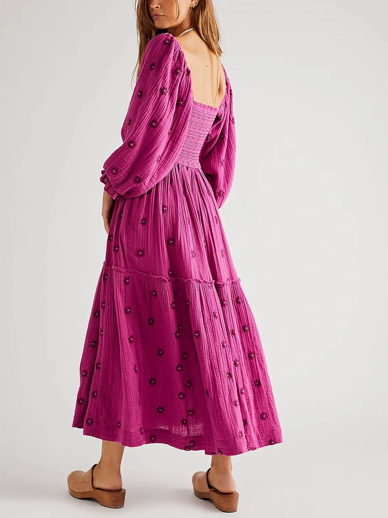 Vestido Longo Boho Bordado com Mangas Bufantes – Elegância e Conforto para Todas as Ocasiões