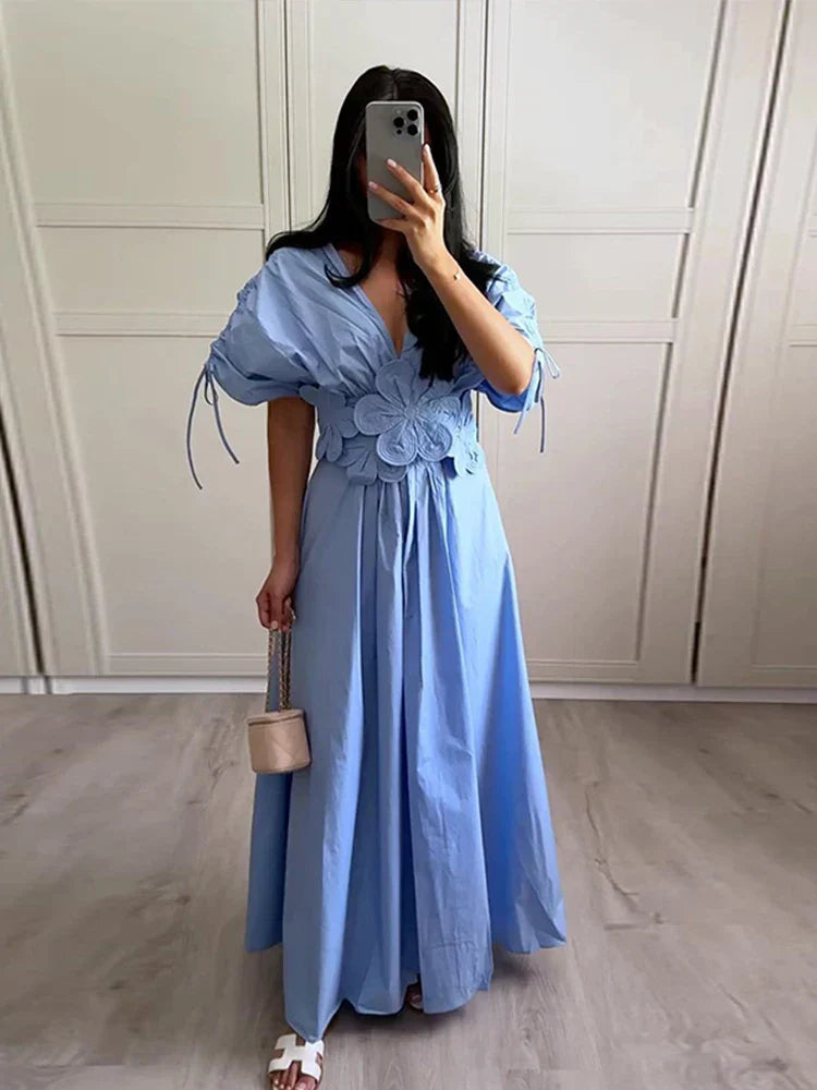 Vestido Maxi Feminino com Flores 3D - Estilo Mônaco