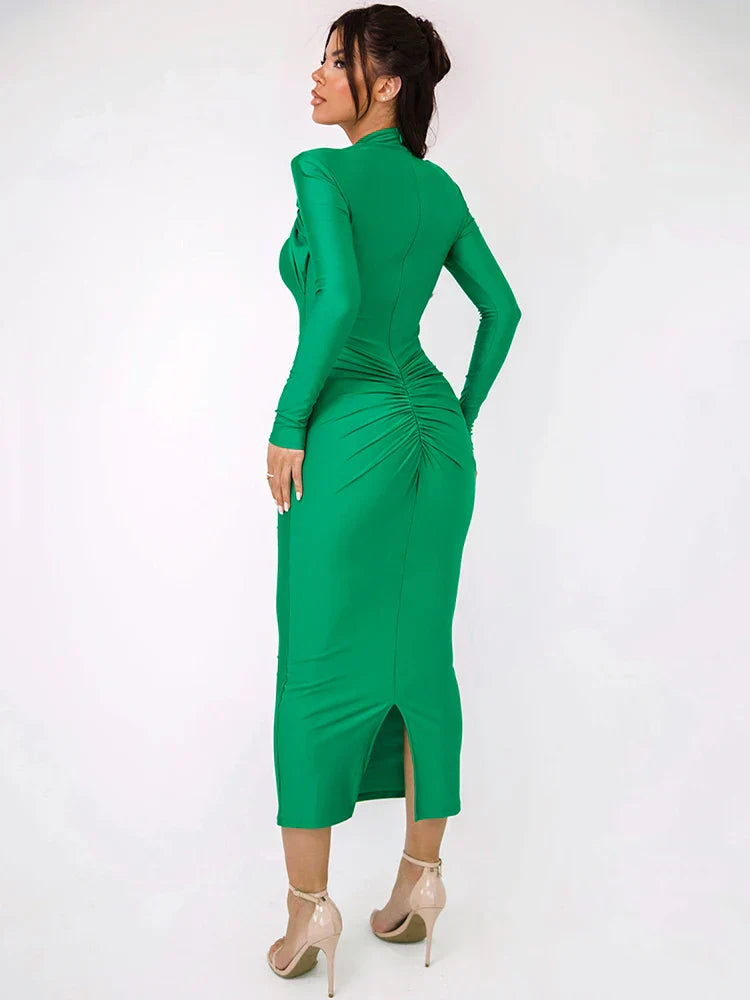 Vestido Midi Justo com Drapeado e Manga Longa Feminino