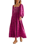 Vestido Longo Boho Bordado com Mangas Bufantes – Elegância e Conforto para Todas as Ocasiões