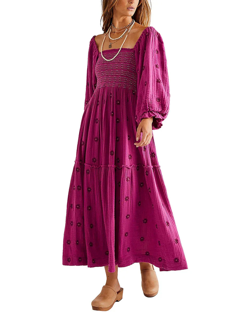 Vestido Longo Boho Bordado com Mangas Bufantes – Elegância e Conforto para Todas as Ocasiões