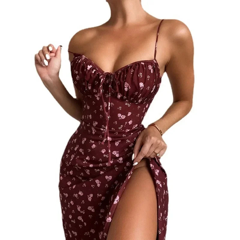 Vestido Midi Floral Feminino com Fenda e Alças Finas Elantra