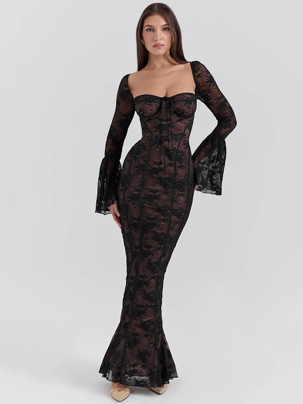 Vestido Longo de Renda com Manga Flare e Ajuste Colado - Festa Luxo
