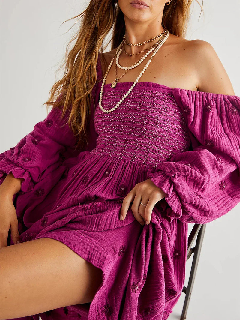 Vestido Longo Boho Bordado com Mangas Bufantes – Elegância e Conforto para Todas as Ocasiões