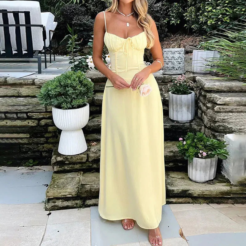 Vestido Longo de Alças Finas e Decote Ajustável – Pura Elegância