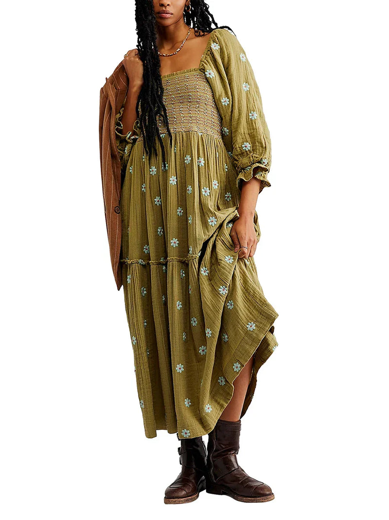 Vestido Longo Boho Bordado com Mangas Bufantes – Elegância e Conforto para Todas as Ocasiões