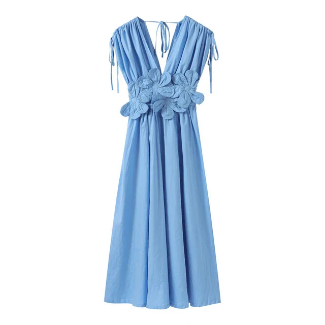 Vestido Maxi Feminino com Flores 3D - Estilo Mônaco