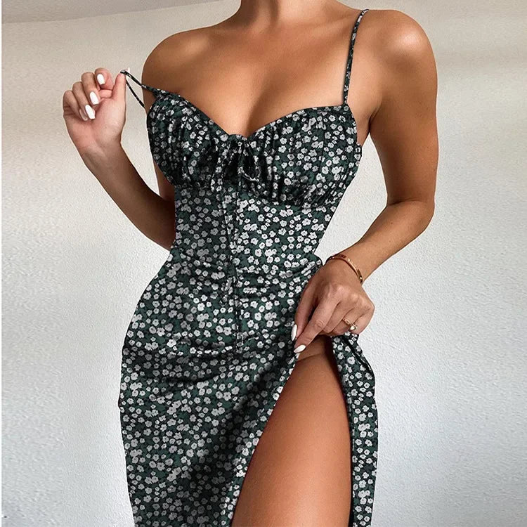 Vestido Midi Floral Feminino com Fenda e Alças Finas Elantra