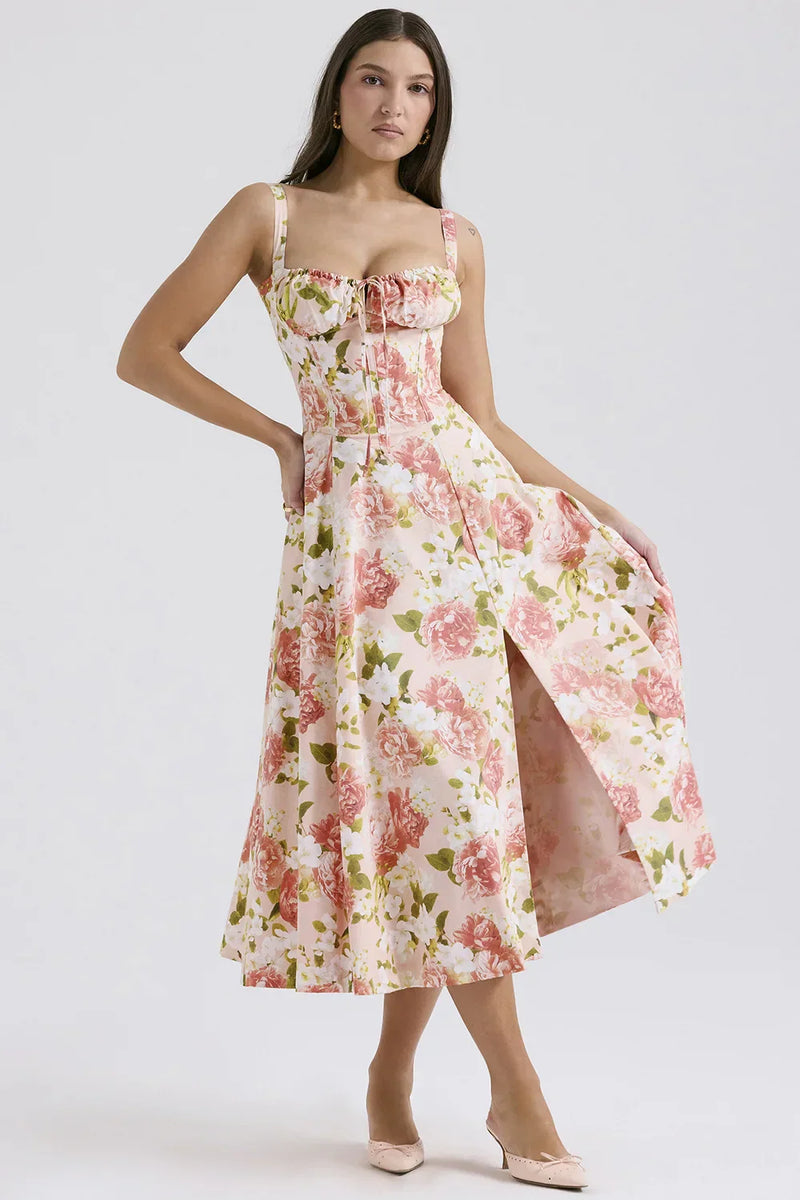 Vestido Midi Isabella Feminino Alças e Fenda Frontal